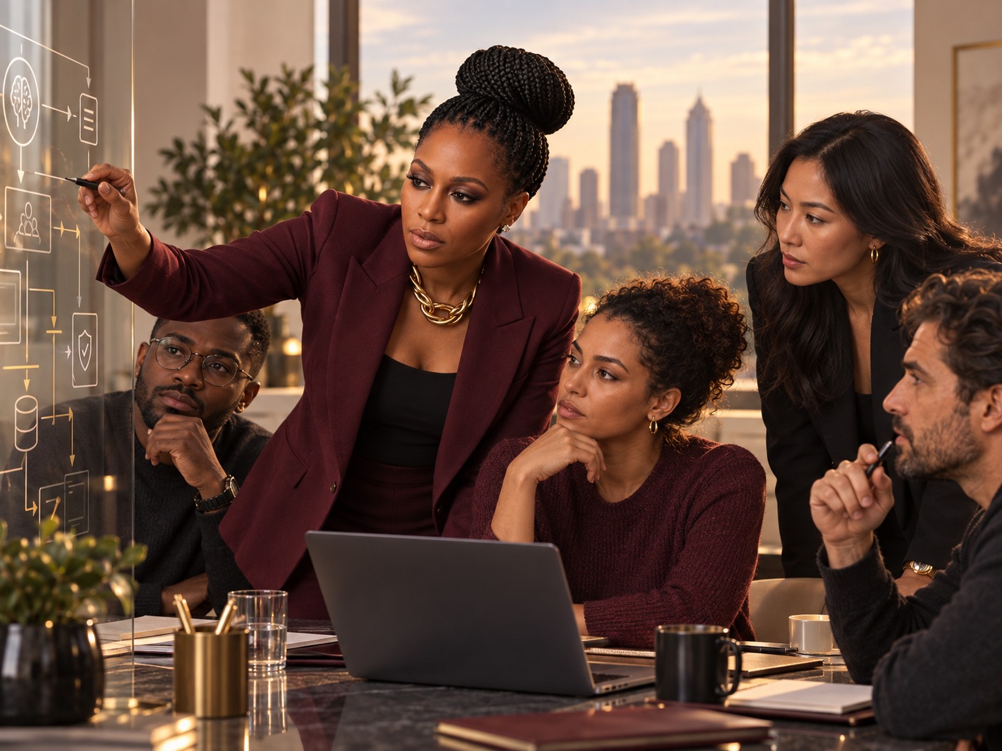 A diverse professional team reviewing an AI workflow on a glass board and laptop in a warm office.