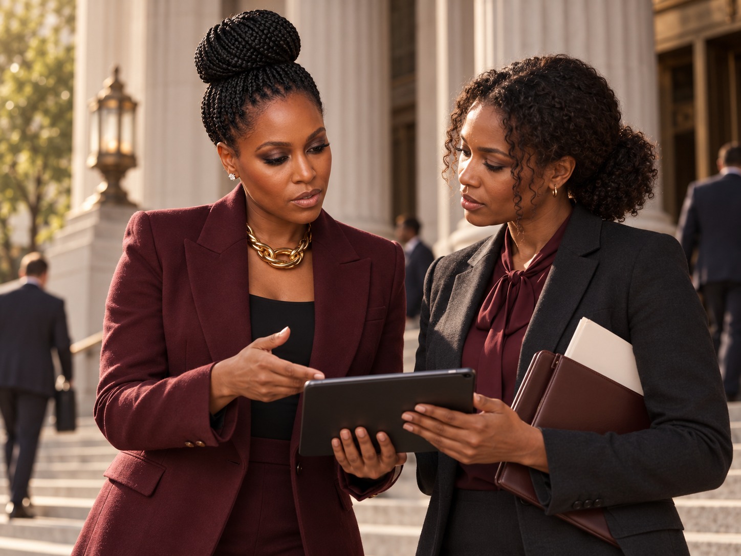 Two public-sector professionals reviewing a tablet together outside a civic building.
