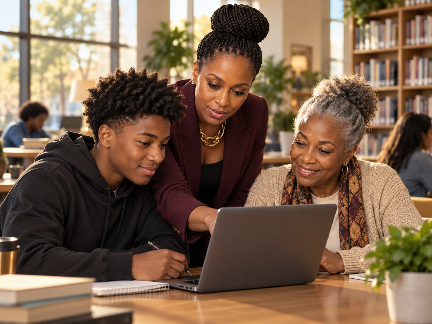 A library staff member supporting a young adult and an older adult around a laptop in a warm library.