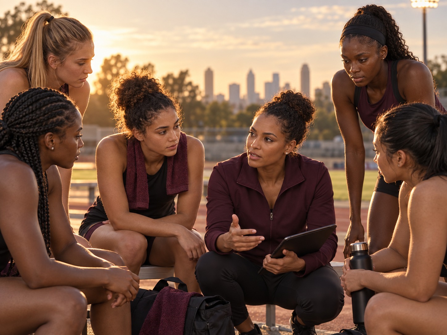Women athletes and a coach gathered in a strategy huddle beside a track at golden hour.