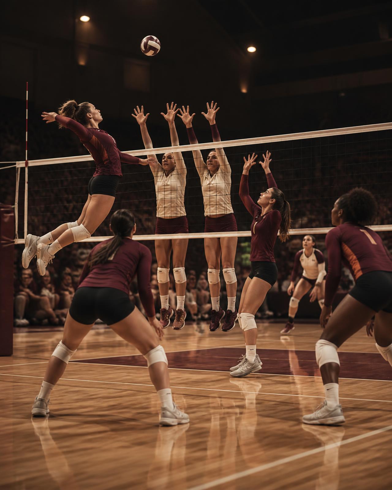 Stylized illustration of a multicultural women's volleyball team in an indoor rally.